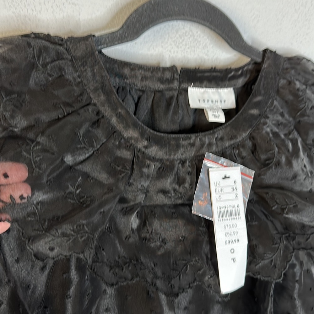 Topshop Dobby Shirred Waist Women's Long Sleeve Blouse Black Size 2 New - Picture 7 of 9